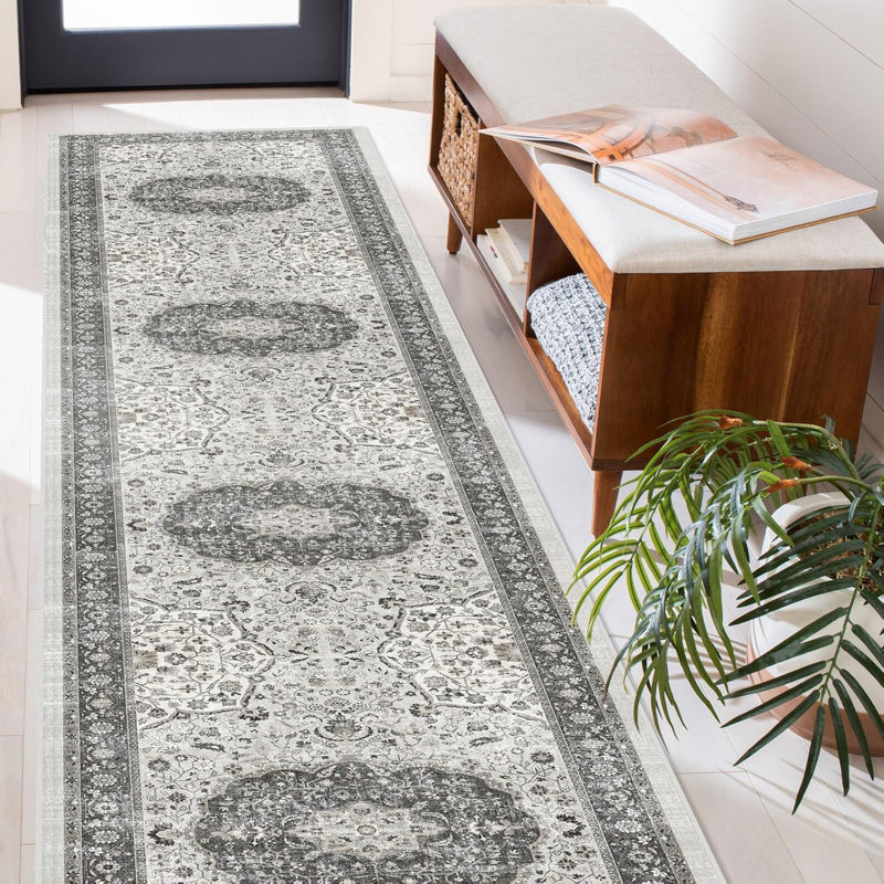 Washable Entryway Area Rug: Vintage Soft Thin Door Mat with Non Slip Backing Water Resistant Carpet for Bedroom Low Pile Floor Mat for Kitchen Bathroom Laundry Easy Clean Rug for Family(Grey)