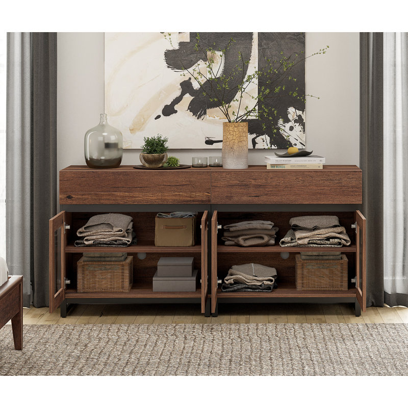Commode 2 en 1 avec 4 portes en verre et 2 tiroirs - Armoire de rangement moderne pour le salon ou la chambre à coucher, Brun