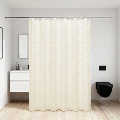 Farmhouse Shower Curtain, Jacquard Plaid Striped Design With Ruffled Edges, Soft Polyester Fabric, Includes Rust-Resistant Hooks For Easy Installation