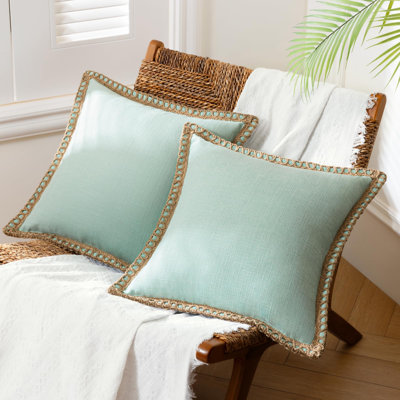 Ensemble de 2 housses de coussins décoratifs de style campagnard, motif uni pour maison en toile de jute, bordures sur mesure turquoise clair 18 po x 18 po