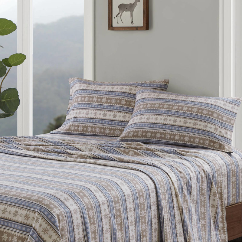 Ensemble de 3 draps en flanelle de coton à 100% avec flocon de neige bleu, simple / double pour matelas de 12 po, élastique, 1 plat et 2 taies d'oreiller, flocon de neige lavable à la machine, grand / très grand / très grand 14 po