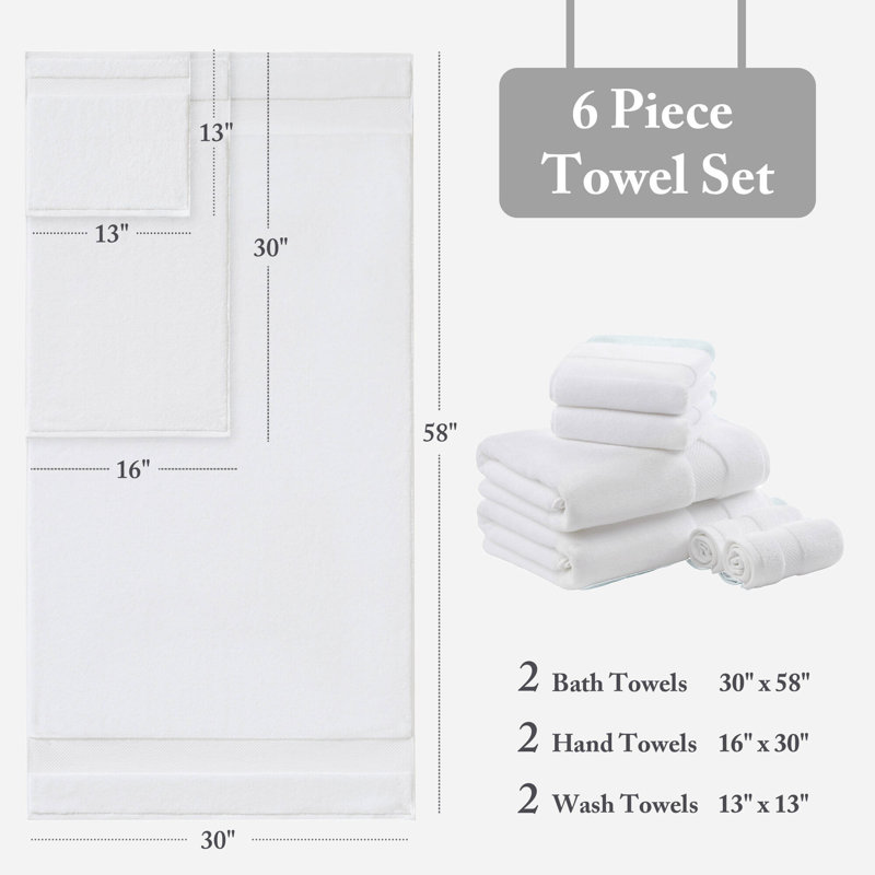 Turkish 100% Cotton Oversized Quick Dry Highly Absorbent Towel Set, 6 Piece Towel Set, White