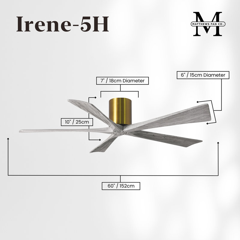 60" Irene 5-Blade Hugger Ceiling Fan with Wall Remote, Brushed Brass, Barn Wood Tone, 60"