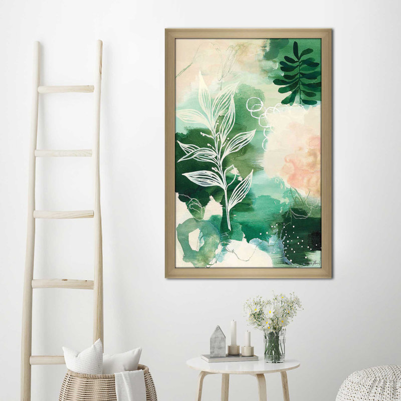 «Nature Story I» par Laura Horn - Peinture, H 49,5 po x l 33,5 po x P 1 po, Encadrement champagne