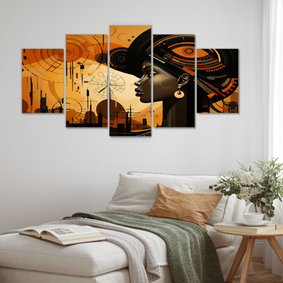 Geometric Portrait Urban African Fashionista III - African Wall Art For Living Room 5 Piece
