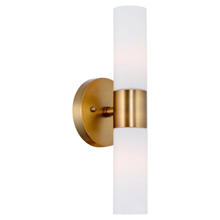 Everly Quinn Fantroy 14" Modern Wall Sconce With Frosted Glass Shades, For Bathroom/Vanity, Warm Brass Finish