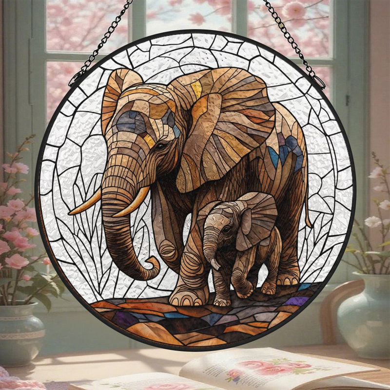 Mère et bébé éléphant vitrail pour fenêtre, 7,8 x 7,8 po (20 x 20 cm)