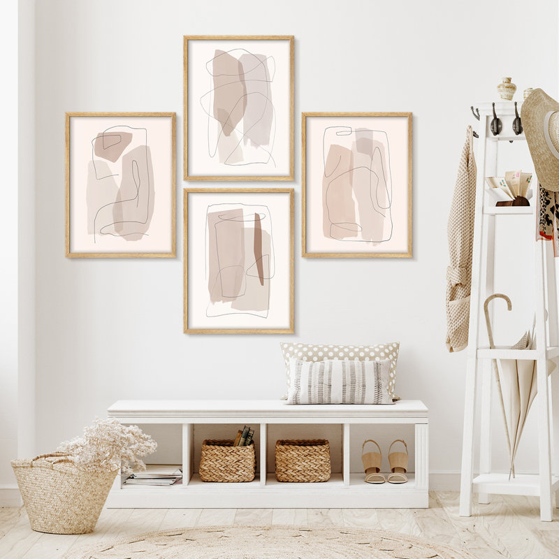 Beige, brun clair, formes abstraites, art moderne neutre, impressions encadrées, affiches, salle de bain, petit art mural