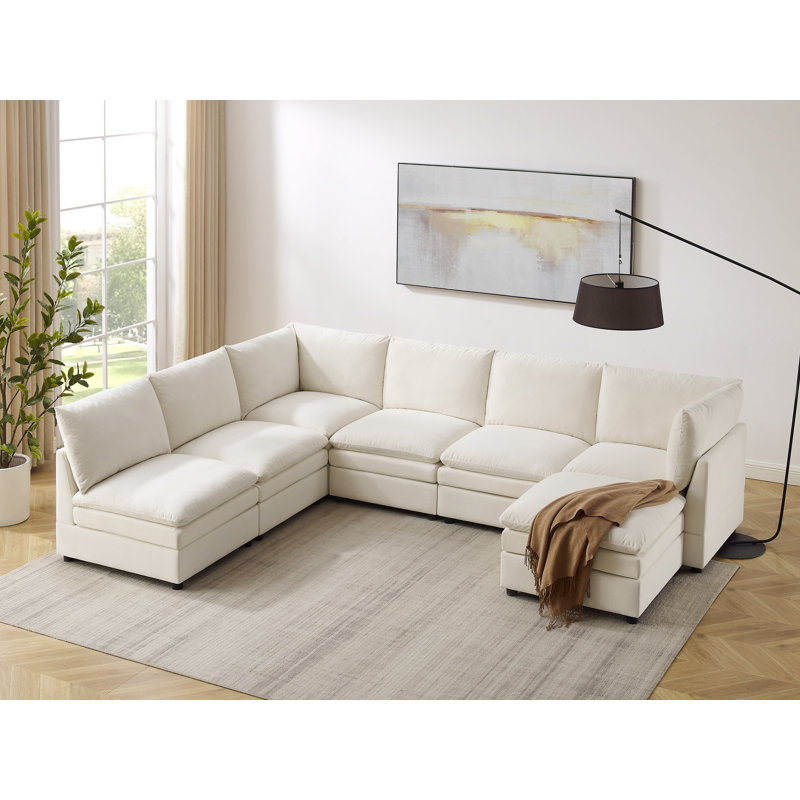  Cann 7-Piece Upholstered Modular Sectional Couch With Ottoman, White Polyester Blend