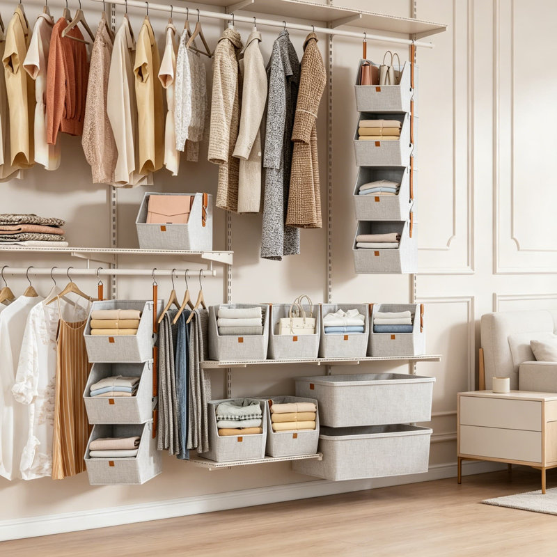 Organisateur de placard suspendu à 4 niveaux, étagères à vêtements suspendues avec bacs de rangement en tissu, système de placard pliable peu encombrant pour chambre à coucher, dortoir, véhicule récréatif, blanc, paquet de 8
