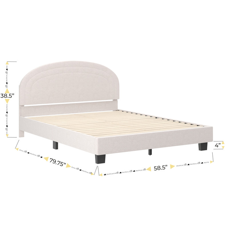 Aurey Upholstered Platform Bed Frame - Curved Stitched Headboard And Slat Foundation, Full, White