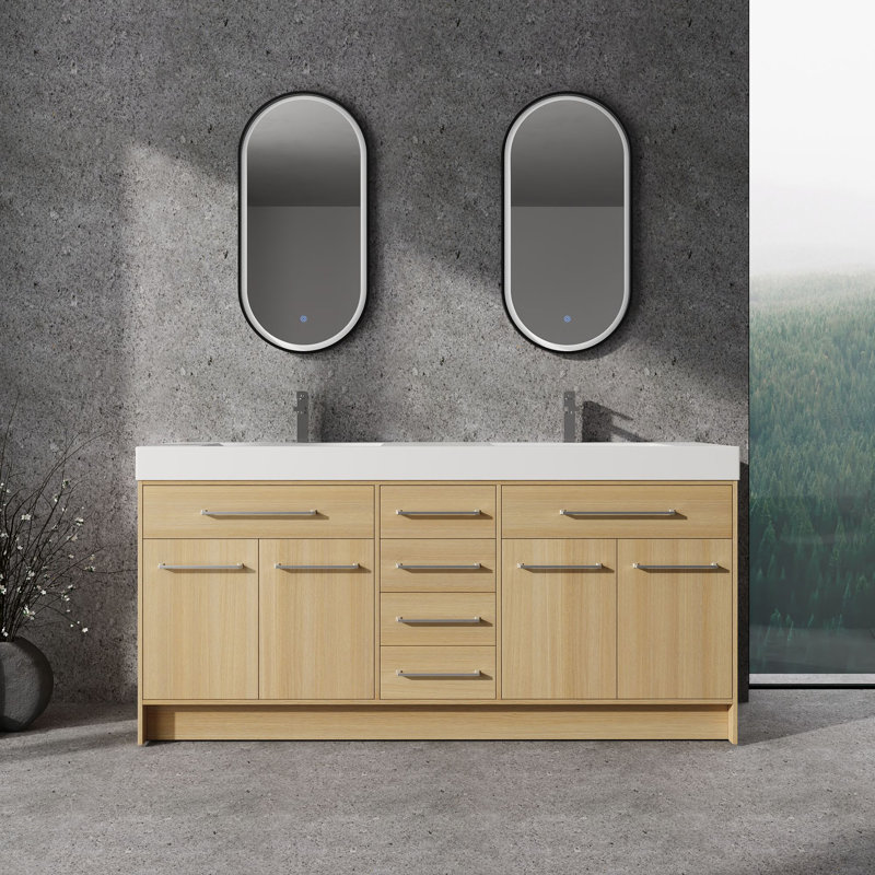Meuble-lavabo autoportant 72 po avec double lavabo en résine, 4 portes à fermeture douce et 6 tiroirs à fermeture douce