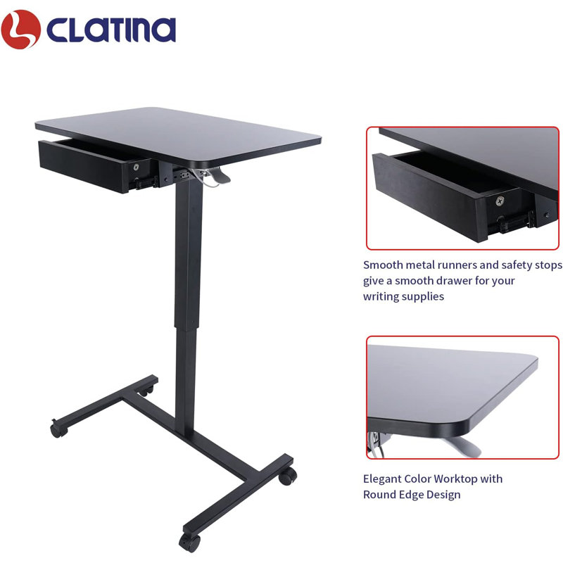 Black Adjustable Height Laptop Cart with Drawer
