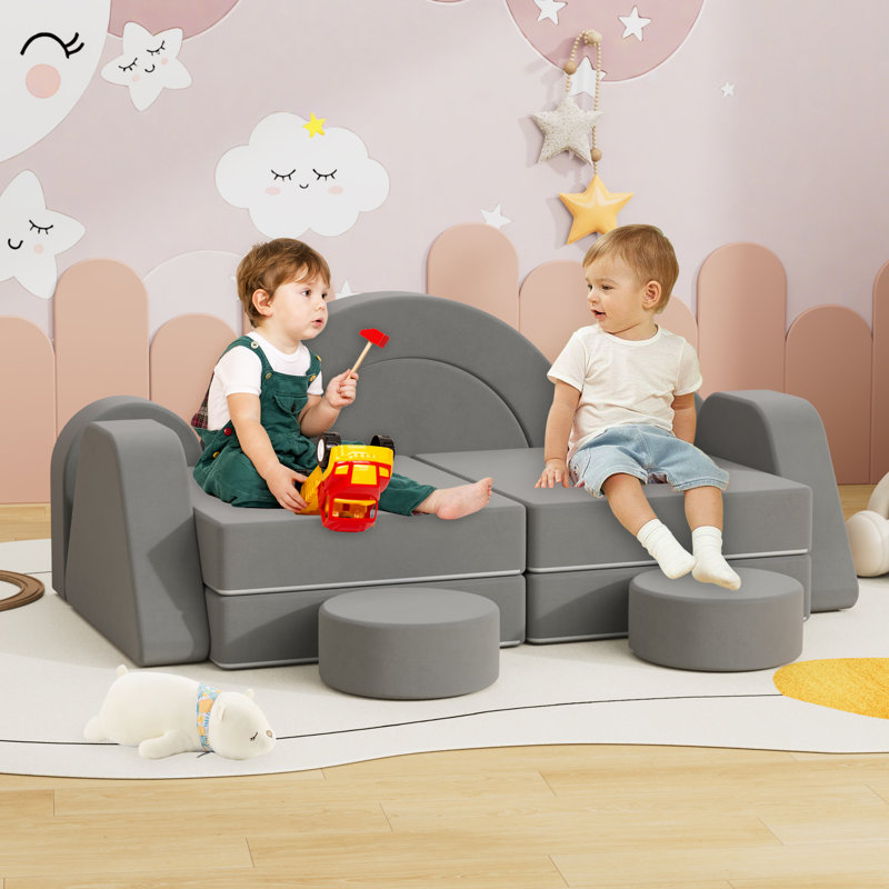 Velvet Modular Kids Play Couch, Kids Toddler Couch, Sectional Sofa, Dark Gray