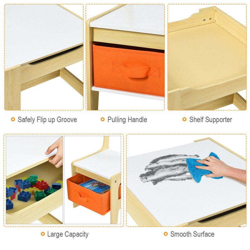 Kids Square Interactive Table and Chair Set, Natural/White