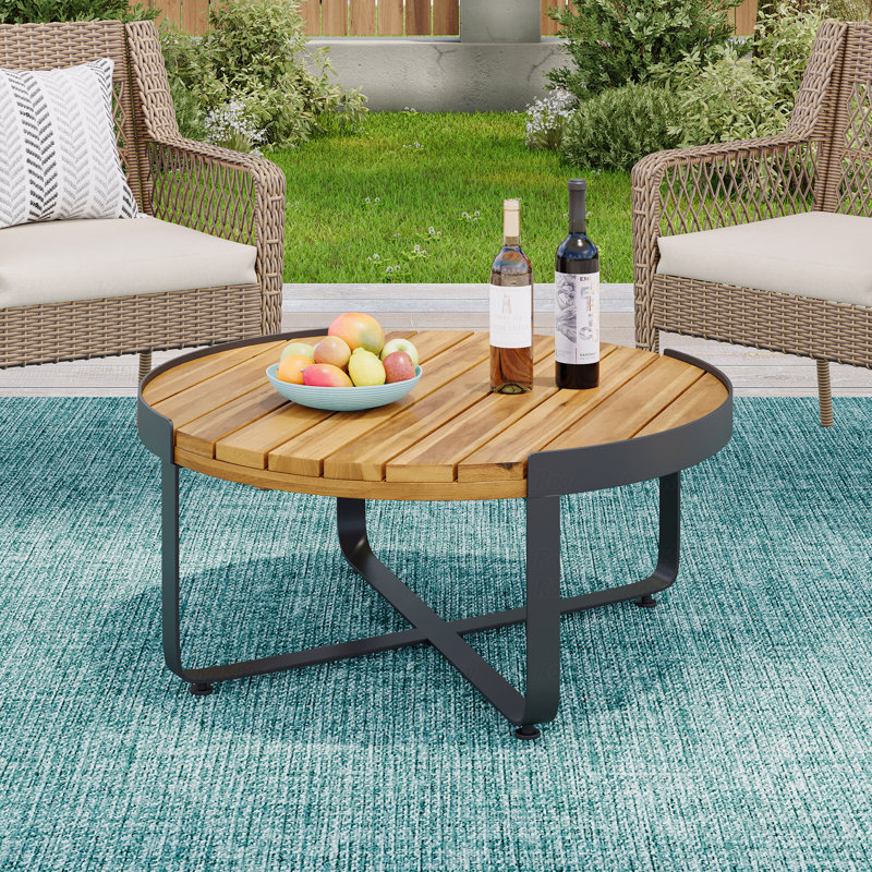  Weather Resistant Patio Wooden Top Accent Table with Sturdy Metal Base - Teak, Teak