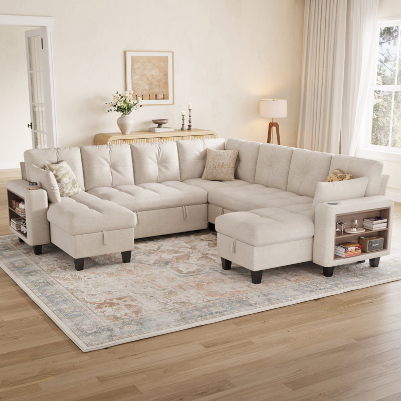 Canapés modulaires en coin rembourrés avec canapé-lit, chaise de rangement et bibliothèque d'appoint Benett, Chenille beige
