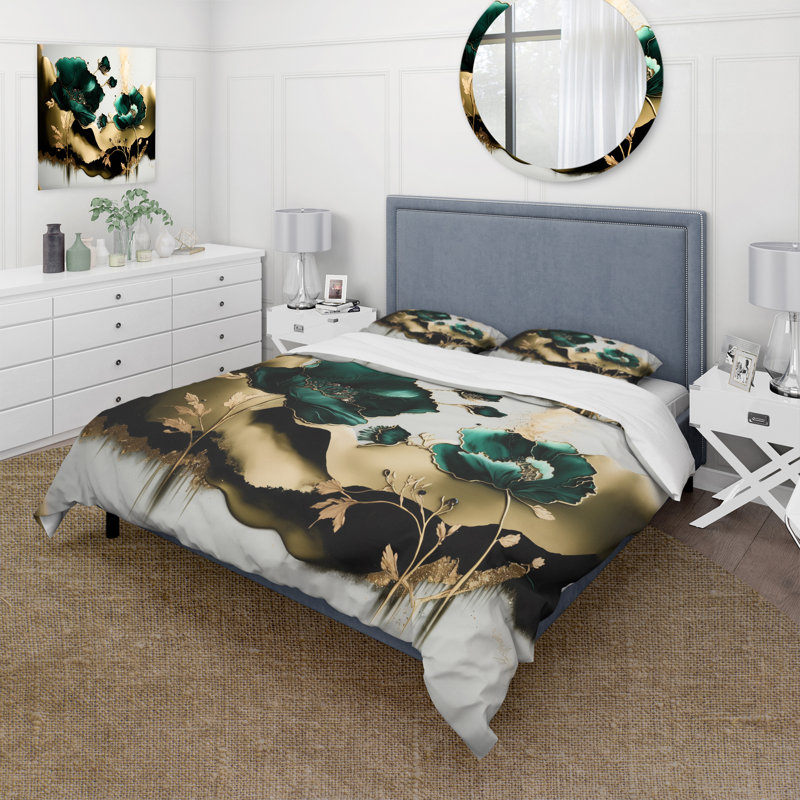 Ensemble de housse de couette en microfibre / polyester doré et vert à motif de coquelicots Euphoria II