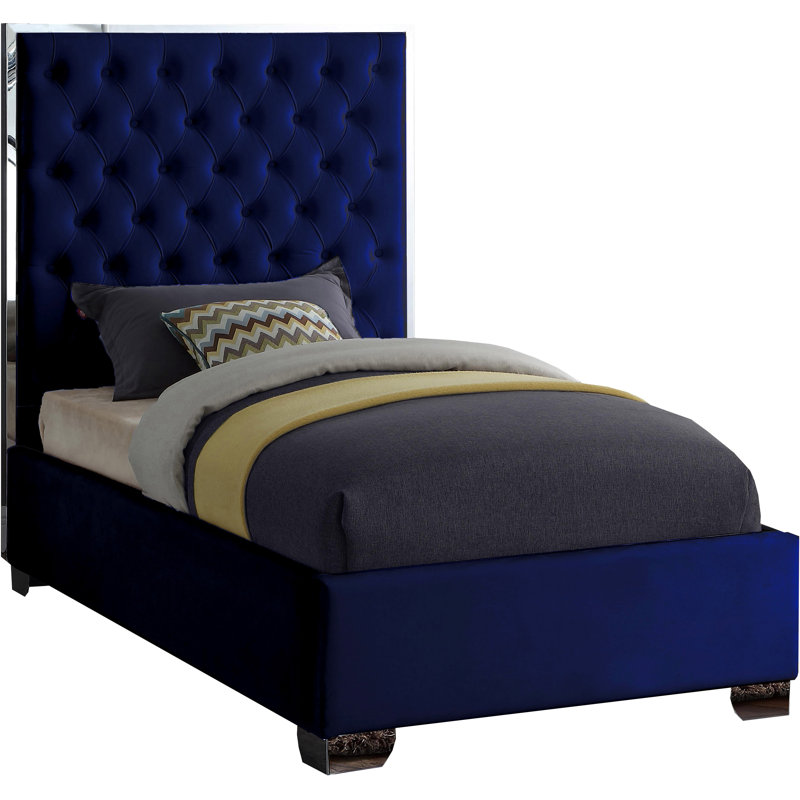 Spadaro Upholstered Platform Bed, Navy Velvet, Silver, Twin