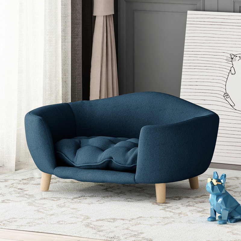 Lit pour chien bleu marine avec fonctionnalité Mid-Century moderne, coussin et pieds en bois de bouleau stable, lit de style assemblage, bleu, ferme requis