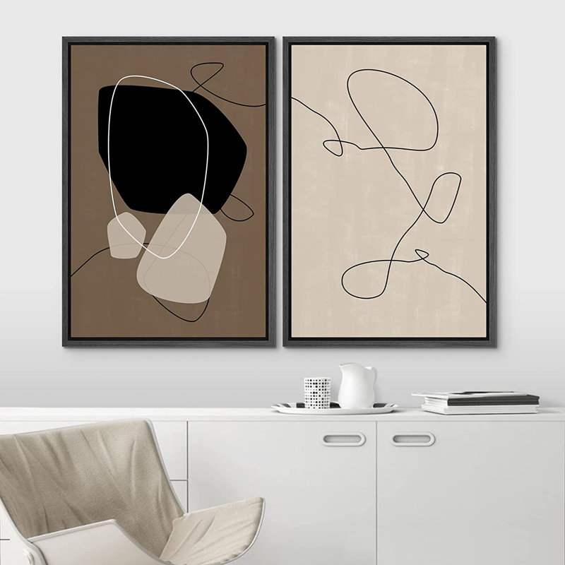 «Mid Century Shape», reproduction d'art sur toile encadrée brune et noire, ligne neutre, 2 pièces, Noir