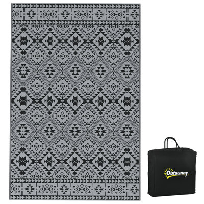 Outsunny Reversible Outdoor Rug with Carry Bag, 182 x 274cm, Black & Grey