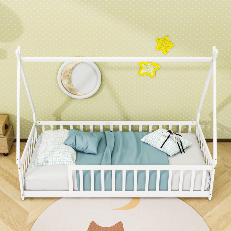 Twin Wood Tent-Shaped Teepee Bed With Guardrails, White
