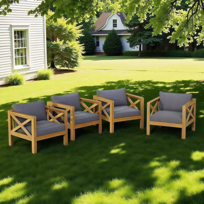 Ensemble de 4 fauteuils club en bois d'acacia avec coussins