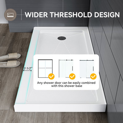 Base de douche antidérapante l 60 po x P 30 po avec ensemble de drain noir mat, conception à seuil plus large