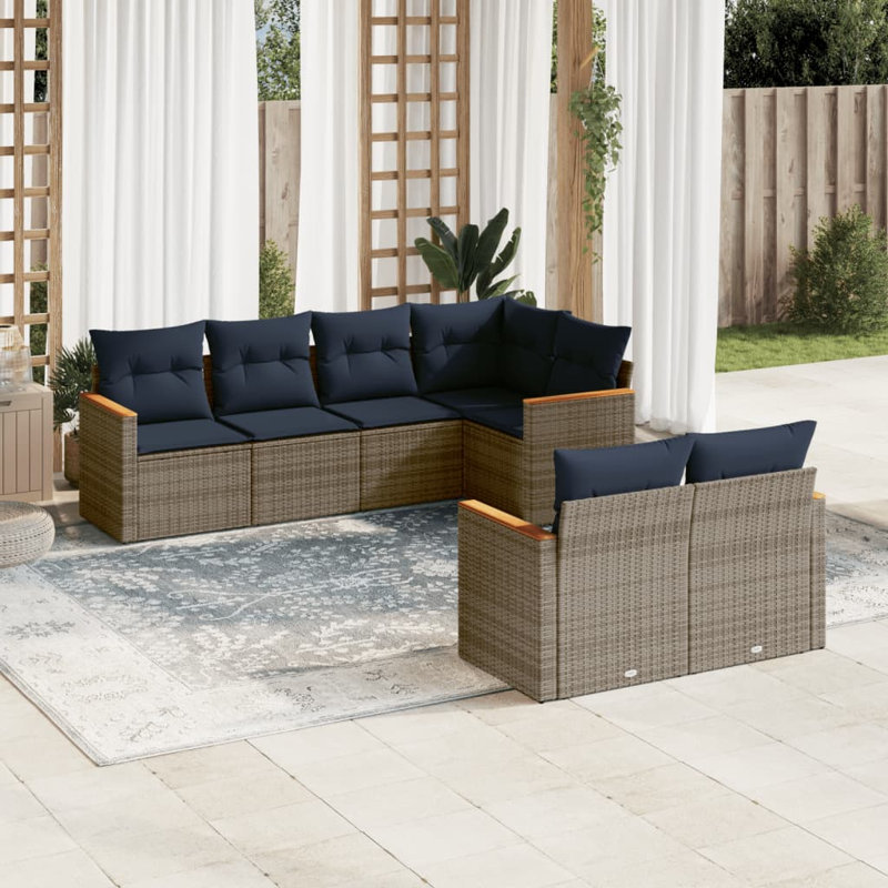 Latitude Run® 7 Piece Patio Sofa Set With Cushions Black Poly Rattan, Grey, Navy Blue