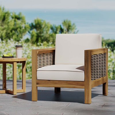 Outdoor Acacia Wood Club Chair With Wicker Accents, 30.25"D X 27.5"W X 23.75"H