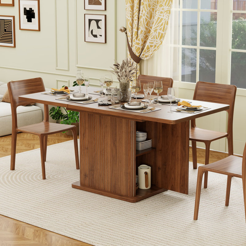 47-65 Inch Extendable Kitchen Dining Table With 2 Doors For 4-6, Rectangle Dining Room Table, Walnut
