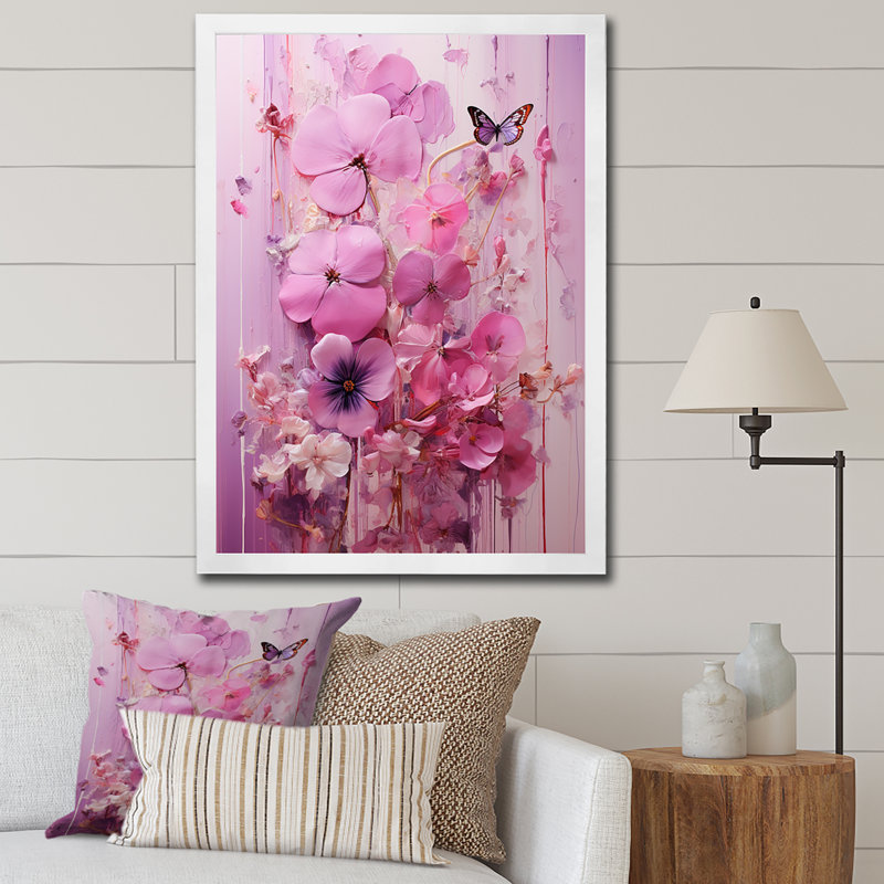 Délicats pétales de fleurs roses avec peinture papillon - art mural fuschia, Cadre simple blanc, H 32 po x l 24 po x P 1 po