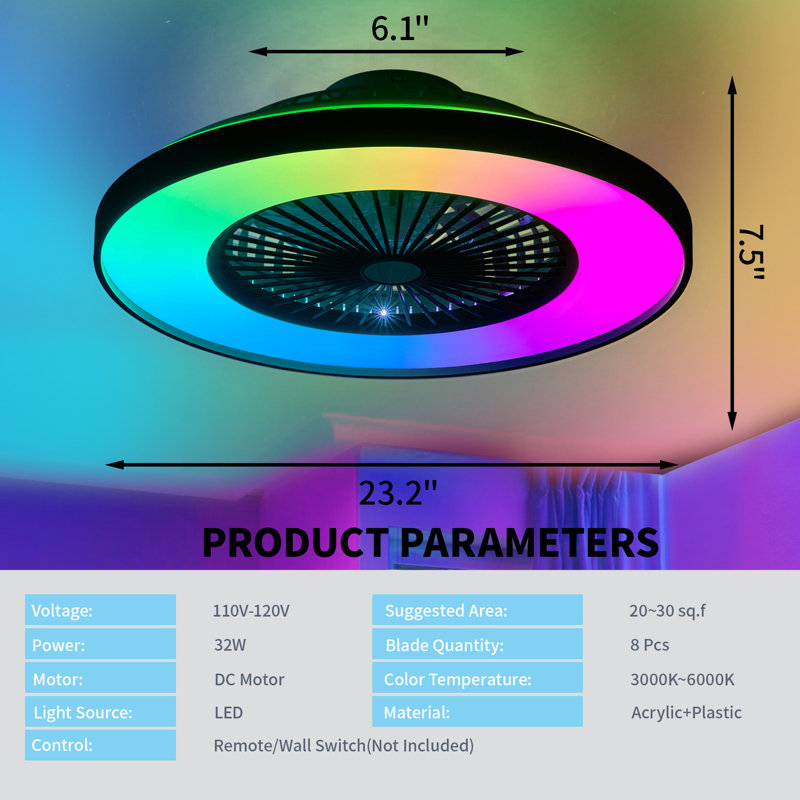 Ventilateur de plafond intelligent 23 po à DEL RVB, à intensité variable, avec application / télécommande, noir et blanc