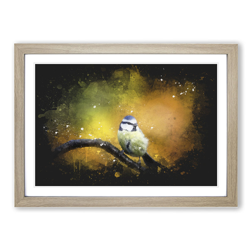 Blue Tit Bird Vol.2 Paint Splash - Picture Frame Graphic Art, 65cm H x 90cm W x 2cm D, Oak