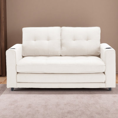 3-In-1 Upholstered Futon Sofa Convertible Sofa Bed,Foldable Tufted Loveseat With Pull Out Sleeper Couch Bed,Folding Mattres Love Seat Daybed W/Side Pockets And Cup Holder
