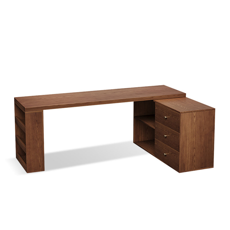 Bureau en bois massif en forme de L brun noyer avec 3 tiroirs, H 29,53 po x l 86,61 po x P 47,24 po