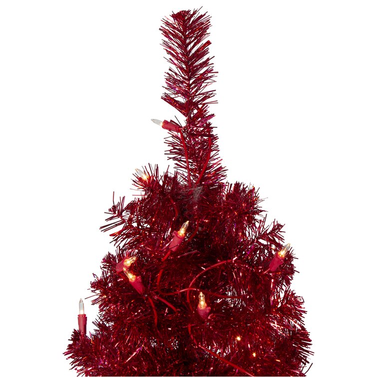 6' x 20 Pre-Lit Red Tinsel Artificial Christmas Tree- Clear Lights