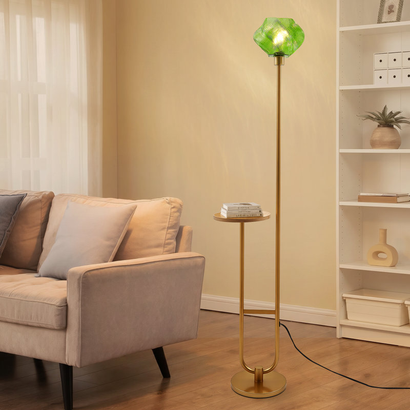 Lampe sur pied moderne avec tablette en bois intégrée, abat-jour en verre décoratif, finition laiton, 1 ampoule DEL incluse