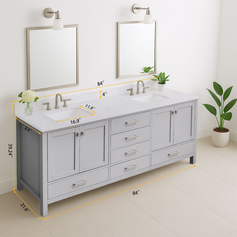 Yakia 84'' Double Bathroom Vanity With Engineered Stone Top, Gray, 84"