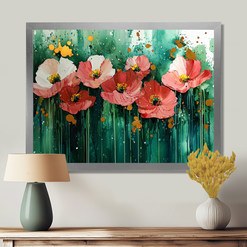 Emerald Dance Of The Poppies III - Art mural coquelicots, H 16 po x l 32 po, Cadre flottant brun