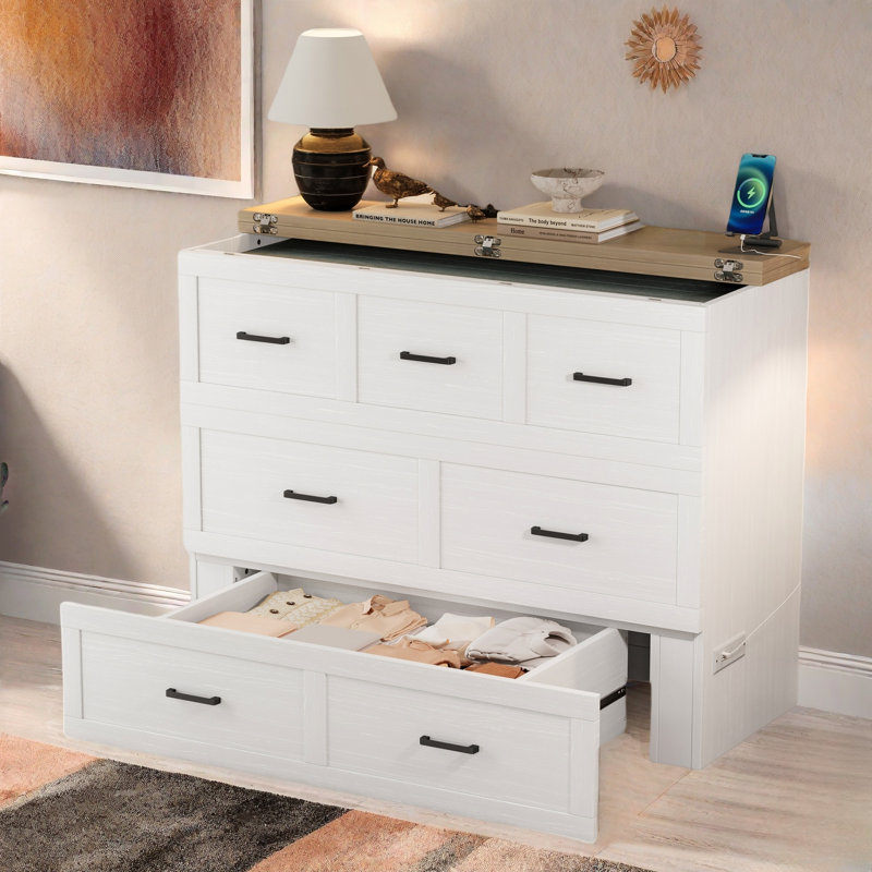 Lit escamotable multifonctionnel pliable avec station de charge et 1 grand tiroir de rangement, Blanc/naturel, Double