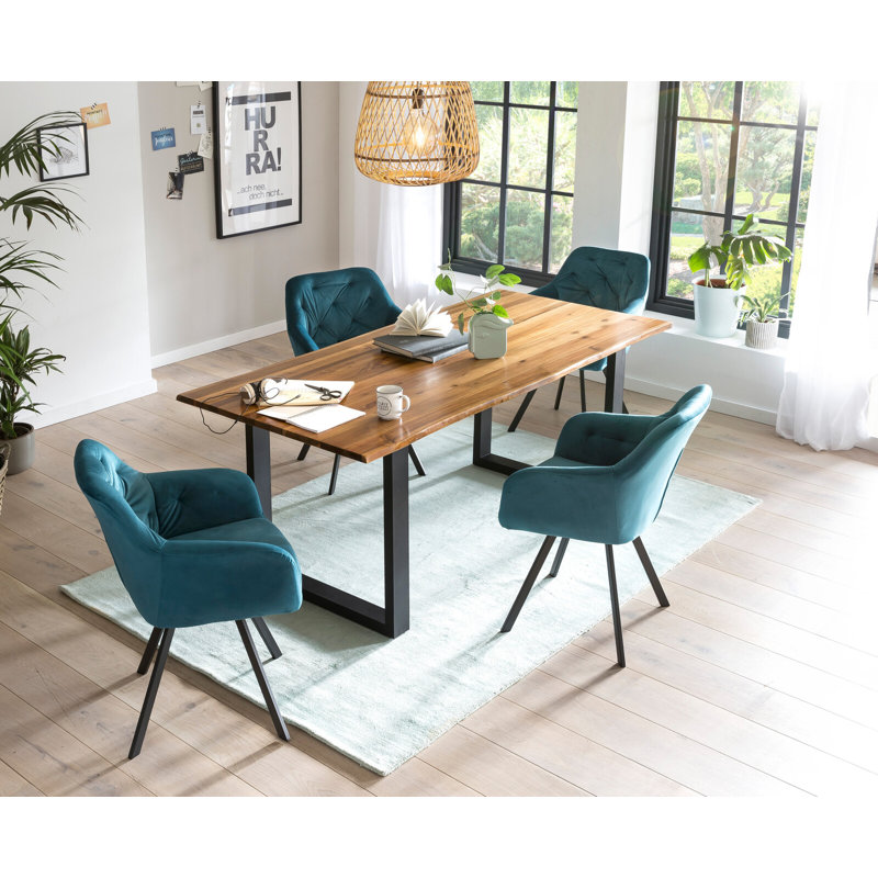 4 - Person Dining Set, Cognac/Turquoise/Black, 75cm H x 160cm W x 85cm D, Black/Turquoise/Cognac