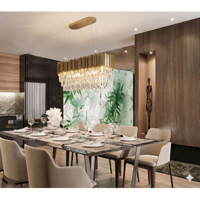 Lustre 7 lumières en acier inoxydable doré avec accents de cristal