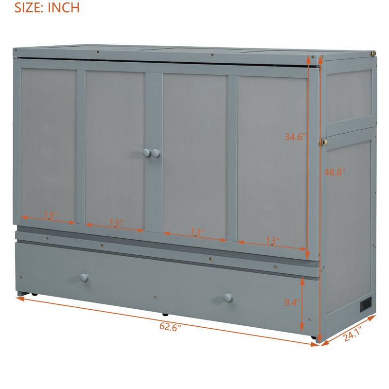 Grand lit escamotable avec ports USB et grand tiroir, armoire-lit peu encombrante avec cadre en bois massif, gris, Gris