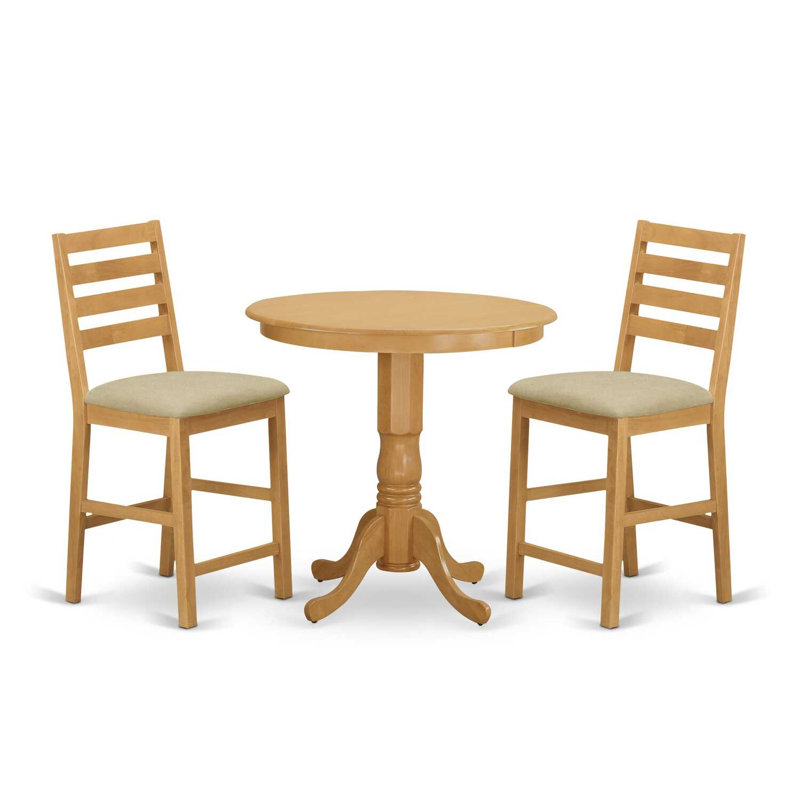 3 Piece Kitchen Counter Height Dining Table Set Contains a Round Pub Table with Pedestal and 2 Linen Fabric Upholstered Chairs, Oak