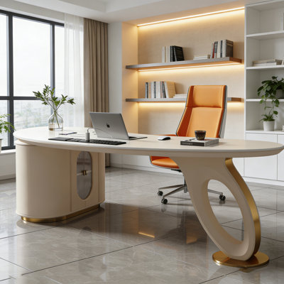 Bureau courbé en pierre frittée Designer | Bureau d'ordinateur moderne avec rangement intégré