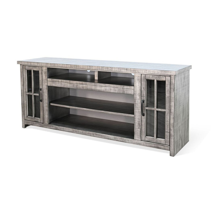 Leyla TV Stand Media Cabinet, 2 Glass Doors, Shelves, Gray Wood 76 Inch, Gray