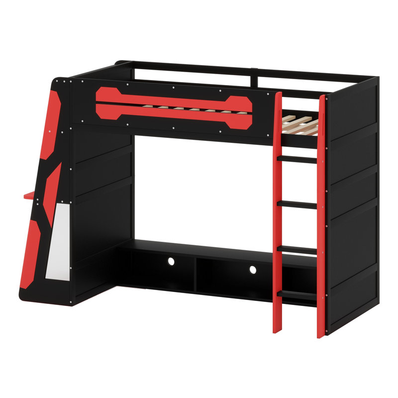 Multifunctional Loft Bed With Study Desk, Ample Storage Shelves & Customizable RGB Illumination, Black/Red