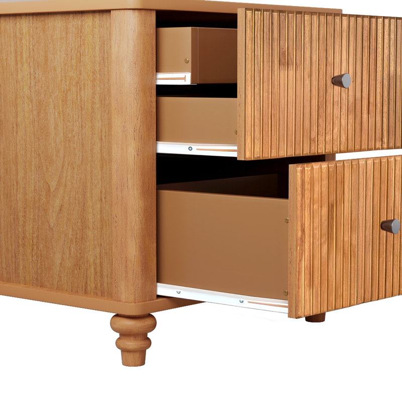 Table de chevet cannelée Mid-Century avec 2 tiroirs et poignée en métal, Ensemble de 2, Noyer